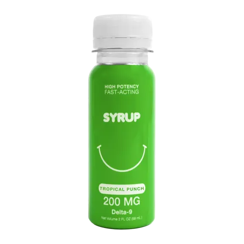Bouteille verte de sirop Delta-9 Tropical Punch avec un sourire blanc stylisé.