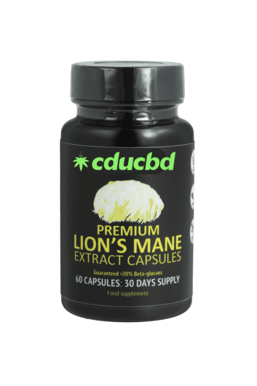 Flacon noir de compléments alimentaires "Premium Lion’s Mane Extract Capsules" avec logo CDUCBD et illustration d’un champignon crinière de lion.