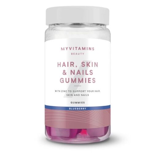 Bocal transparent avec un couvercle gris, contenant des gummies roses, étiquette blanche avec texte rose et bleu.