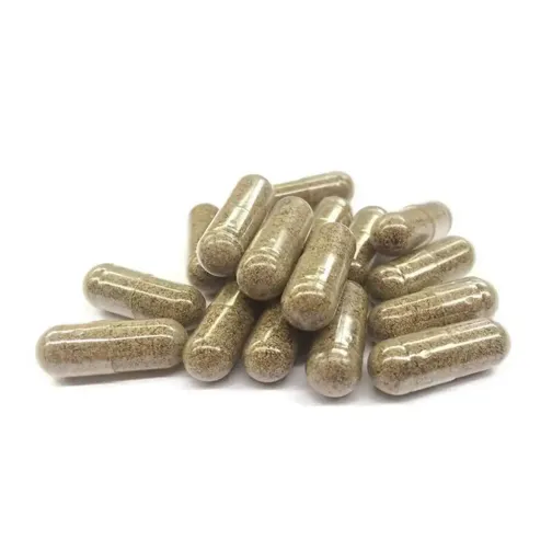Gélules translucides remplies de poudre végétale, disposées en vrac sur un fond blanc.