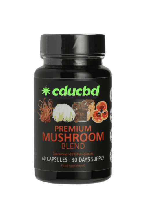 Flacon noir de compléments alimentaires "Premium Mushroom Blend" avec logo CDUCBD et illustrations de champignons adaptogènes.